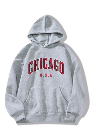 Oversize Unisex Chicago U.s.a. Baskılı 2 Iplik Şardonlu Kalın %100 Pamuk Kapüşonlu Sweatshirt