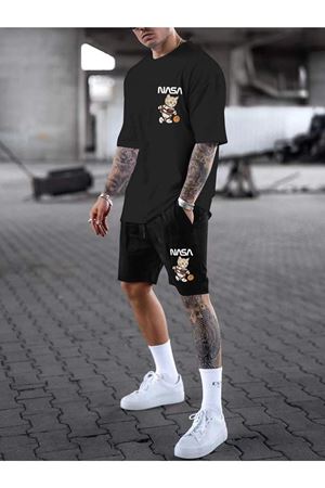 Siyah Nasa Kedi Baskılı Şort T-shirt Takım