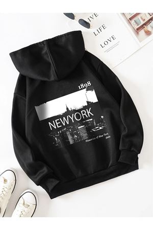 Unisex Oversize Newyork Baskılı Hoodie Kapüşonlu Sweatshirt