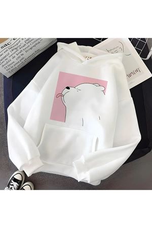 Unisex Oversize Beyaz Kafadar Ayılar Baskılı Sweatshirt Kapüşonlu Hoodie