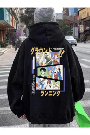 Siyah Unisex Oversize Kapi Baskılı Sweatshirt Hoodie Kapüşonlu