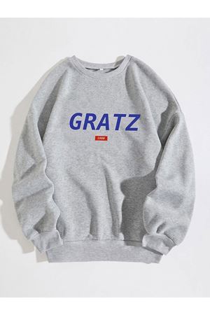 Unisex Gri Oversize Gratz Baskılı Bisiklet Yaka Sweatshirt