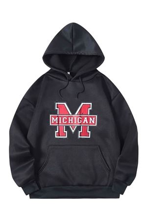 Unisex Siyah Baskılı Oversize M Michigan Kapüşonlu Sweatshirt