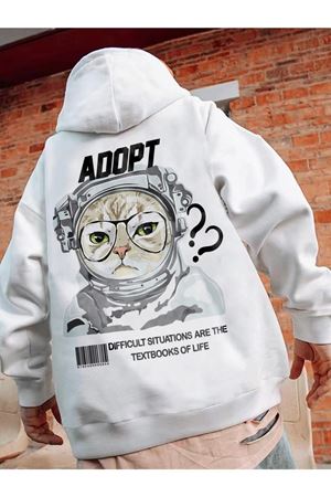 Beyaz Unisex Oversize Astronot Kedi Baskılı Sweatshirt Hoodie Kapüşonlu
