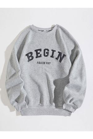 Unisex Gri Oversize Begin Baskılı Bisiklet Yaka Sweatshirt