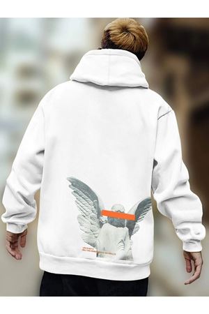 Beyaz Unisex Oversize Heykel Baskılı Sweatshirt Hoodie Kapüşonlu