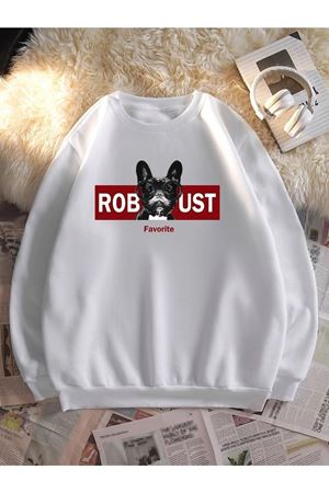 Beyaz Unisex Oversize Robust Baskılı Sweatshirt Bisiklet Yaka