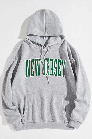 Unisex Gri Oversize New Jersey Yazı Baskılı Kapüşonlu Sweatshirt