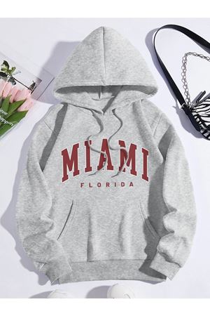 Unisex Gri Oversize Miami Yazı Baskılı Kapüşonlu Sweatshirt