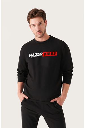 Unisex Oversize Nazar Baskılı Bisiklet Yaka Siyah Sweatshirt