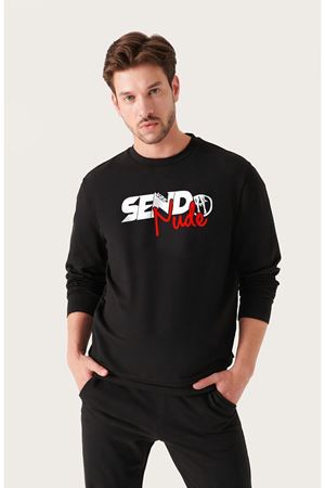 Unisex Oversize Send Nudes Baskılı Bisiklet Yaka Siyah Sweatshirt