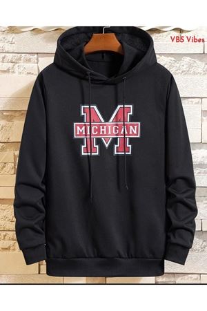 Unisex Oversize Michigan Baskılı Siyah Kapüşonlu Sweatshirtt
