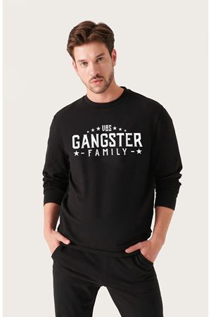Unisex Oversize Gangster Family Baskılı Bisiklet Yaka Siyah Sweatshirt