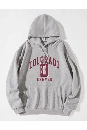Oversize Colorado Baskılı Gri Kapüşonlu Sweatshirt.