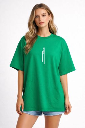 Unisex Oversize Yeşil Tişört Minimal Çizgi Baskılı %100 Pamuk Salaş Streetwear Kadın Erkek T-Shirt