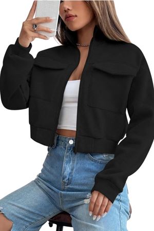 Kadın Dik Yaka Cepli Siyah Crop Ceket