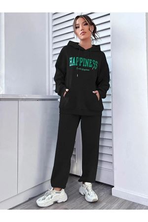 Siyah Happıness Kadın Eşofman Takımı - Baskılı Oversize