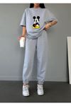 Mickey Mouse T-shirt Eşofman Altı Jogger - Gri Baskı Alt Üst Eşofman Takımı Oversize Bisiklet Yaka
