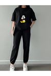 Mickey Mouse T-shirt Eşofman Altı Jogger Siyah Baskı Alt Üst Eşofman Takımı Oversize Bisiklet Yaka