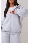 Basic Düz Hırka - Gri Fermuarlı Oversize Kapüşonlu