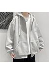Basic Düz Hırka - Gri Oversize Kapüşonlu