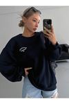 Energetic Sweatshirt - Lacivert Baskılı Oversize Kalın Kışlık Bisiklet Yaka