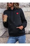 Minimal Kalp Desen Sweatshirt - Siyah Baskılı Oversize Kapüşonlu