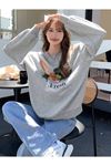 Vegan Fresh Sweatshirt - Gri Baskılı Oversize Kalın Kışlık Bisiklet Yaka