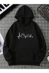 Pati Kalp Sweatshirt - Siyah Baskılı Oversize Kapüşonlu