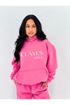 Studio Co. %100 Pamuk Sweatshirt - Pembe Baskılı Oversize Kışlık İçi Polarlı Kapüşonlu