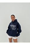 2022 Pray Hand %100 Pamuk Sweatshirt - Lacivert Baskılı Oversize Kışlık İçi Polarlı Kapüşonlu