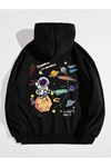 Space Travel Sweatshirt - Siyah Baskılı Oversize Kapüşonlu
