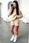 Thatsofetch Sweatshirt - Bej Baskılı Oversize Kapüşonlu