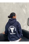 Ellore Bear %100 Pamuk Sweatshirt - Lacivert Baskılı Oversize Kışlık İçi Polarlı Kapüşonlu