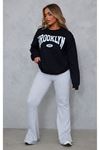 Brooklyn 1986 Sweatshirt - Siyah Baskılı Oversize Bisiklet Yaka