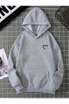 Yarım Kalp Sweatshirt - Gri Baskılı Oversize Kapüşonlu