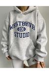 030 Studio Sweatshirt - Gri Baskılı Oversize Kapüşonlu