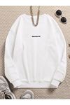 Brooklyn Minimal Sweatshirt - Beyaz Baskılı Oversize Kalın Kışlık Bisiklet Yaka