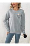 Cep Tasarım Papatya Desen Sweatshirt - Gri Baskılı Oversize Kalın Kışlık Bisiklet Yaka