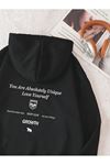 Growth Keep Calm Sweatshirt - Siyah Baskılı Oversize Kalın Kışlık Kapüşonlu