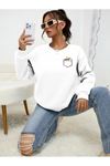 Cep Tasarım Papatya Desen Sweatshirt - Beyaz Baskılı Oversize Kalın Kışlık Bisiklet Yaka