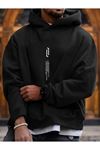 Dikey Sweatshirt - Siyah Baskılı Oversize Kapüşonlu