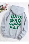 Papatya Good Day Sweatshirt - Gri Baskılı Oversize Kalın Kışlık Kapüşonlu