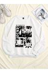 Tokyo 1986 Sweatshirt - Beyaz Baskılı Oversize Bisiklet Yaka