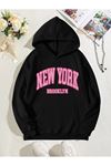 New York Brooklyn FFCBDB Sweatshirt - Siyah Baskılı Oversize Kapüşonlu