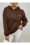 Kahverengi Los Angeles Baskı Oversize Kapüşonlu Sweatshirt