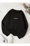 Brooklyn Minimal Sweatshirt - Siyah Baskılı Oversize Kalın Kışlık Bisiklet Yaka