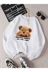 Surprise Bear Sweatshirt - Beyaz Baskılı Oversize Kalın Kışlık Bisiklet Yaka