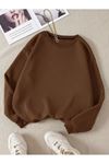 Baskısız Düz Sweatshirt - Kahverengi Kalın Kışlık Şardonlu Uzun Kol Oversize Bisiklet Yaka
