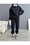 Baskısız Eşofman Takımı Sweatshirt Jogger - Siyah Oversize Şardonlu Bisiklet Yaka